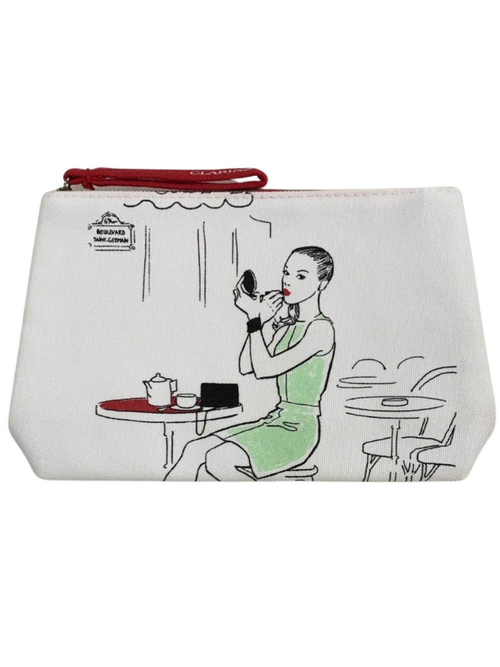 Clarins Chic Illustrated White and Red Cosmetic Bag Preppy Boho